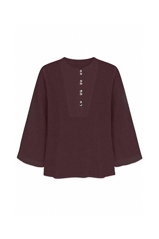 Double Button Linen Blouse Burgundy