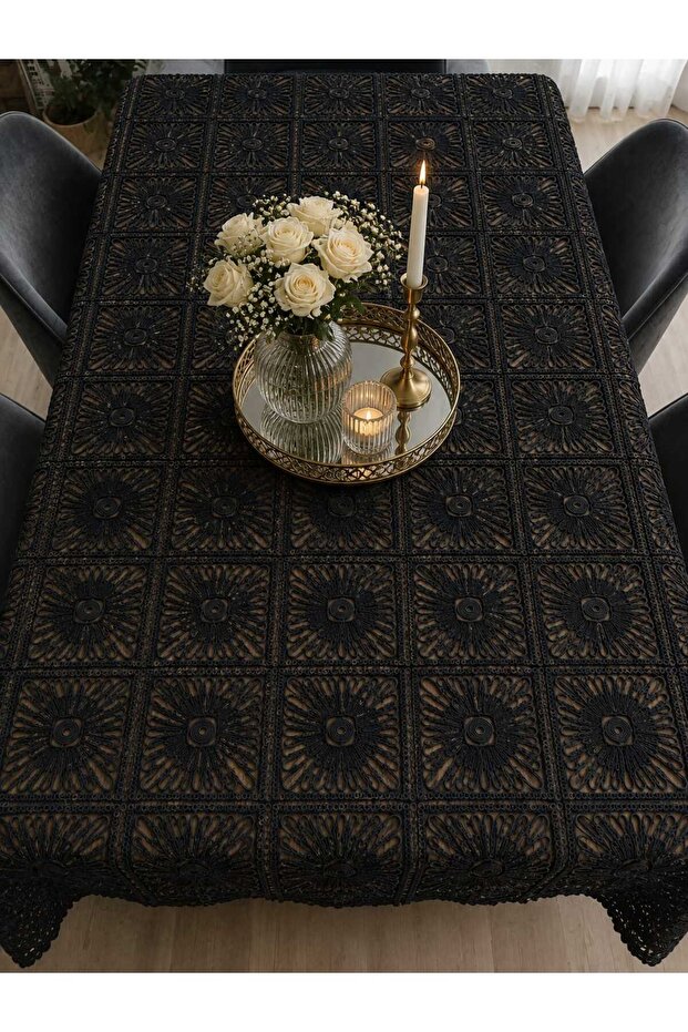 Saray Black Tulle Luxury Tablecloth with Embroidery 155X225