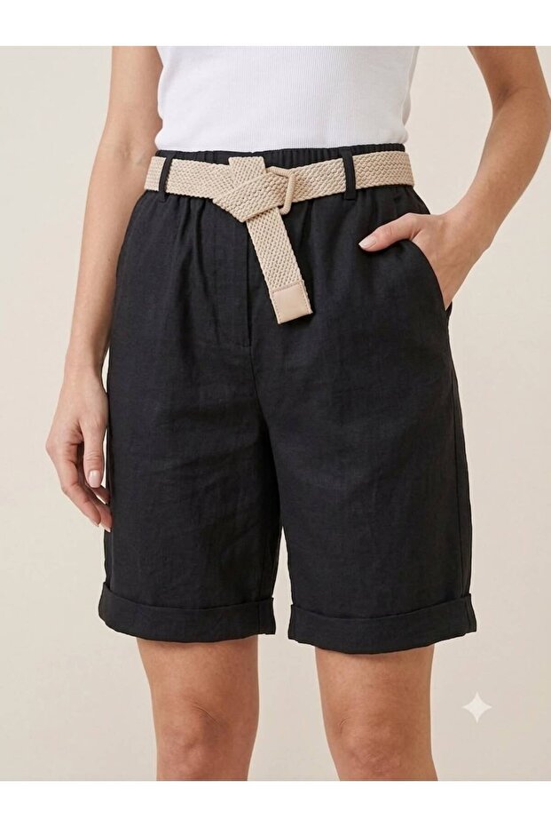 Italian Linen Elastane Straw Belted Above Knee Women's Shorts Elastic Waist Comfortable Fit Casual Summer Shorts