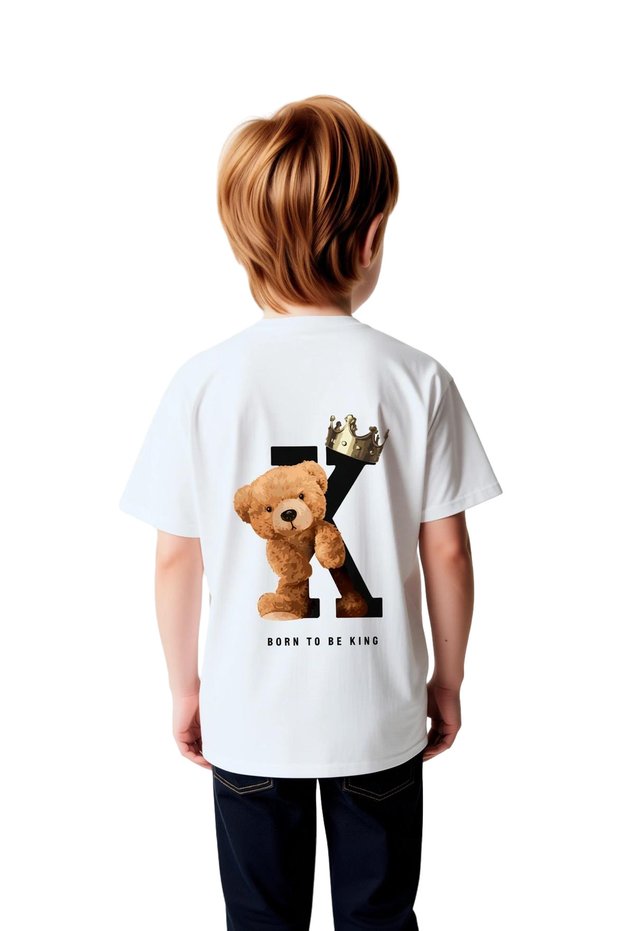 Children's Royal Themed Printed T-Shirt 100% Cotton Relaxed Fit Casual Wear Bear Crown Pattern Modern Stylish