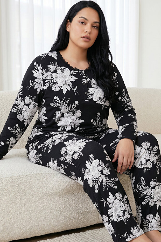 Black Patterned Buttoned Cotton Lycra Large Size Oversized Knitted Pajama Set26240930