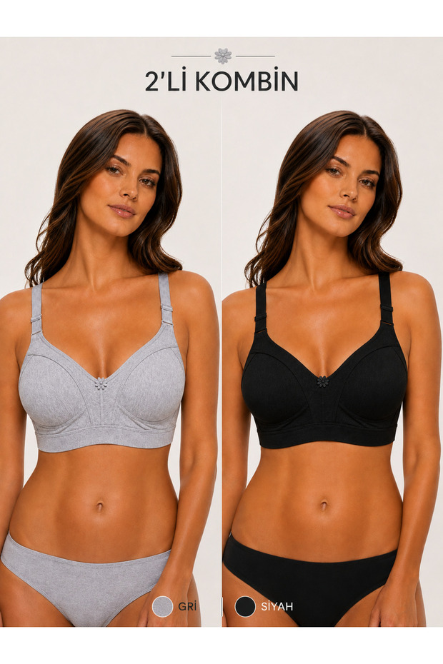 Women's 2-Pack Cotton Wide Elastic Minimizer Combed Cotton Gathering Bra (Grey-Black)