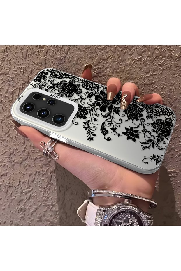 Samsung Galaxy S23 Ultra Compatible Elegant Black Lace Floral Pattern Case, High Quality Case