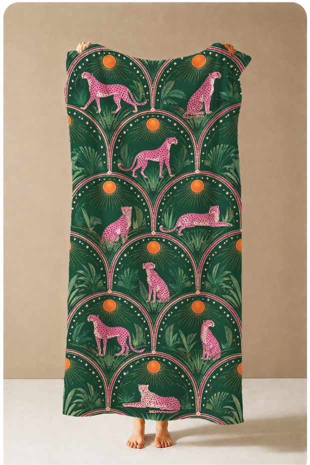 Art Deco Flamingo Dark Green Patterned 70X150 Beach Towel - Digital Printed Fade-Resistant Bath Towel