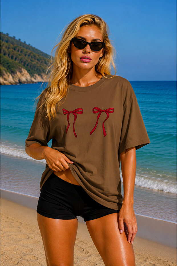 Premium Bowknot Printed Oversize Women's T-Shirt Cotton Oversize T-Shirt