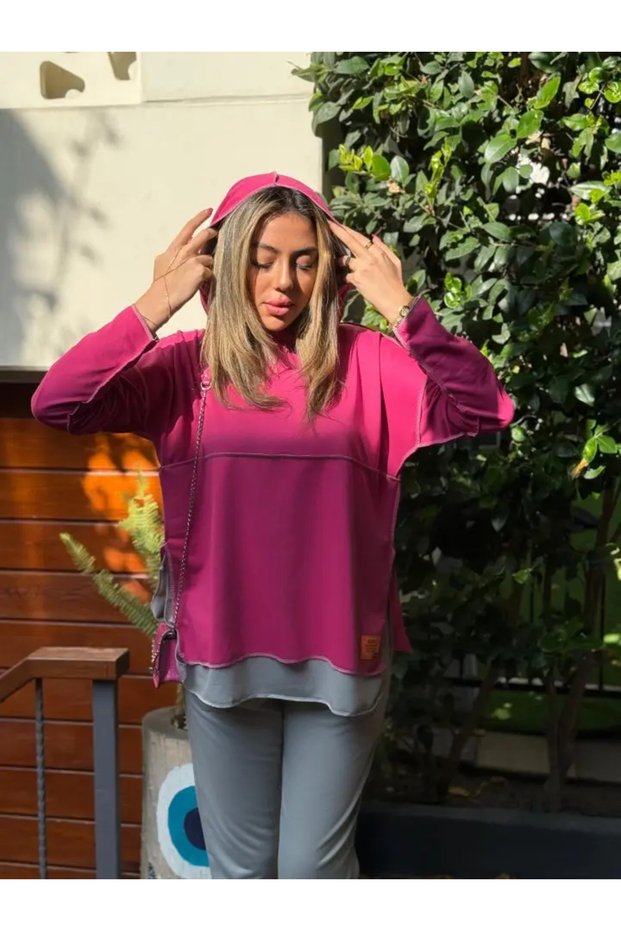 Women's Pink Hooded Hem Detail Trim Reverse Stitching Double Suit