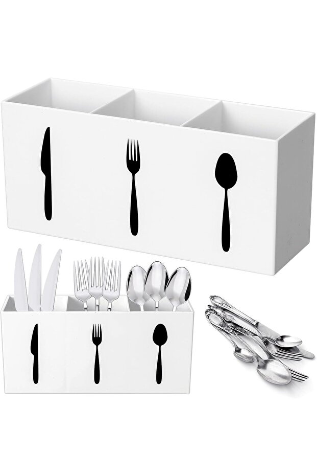 Acrylic Utensil Holder,3 Section,Rectangle,White,3 Divided,Countertop & Cabinet,Flatware Organizer,Kitchen Storage,Multi-Tableware