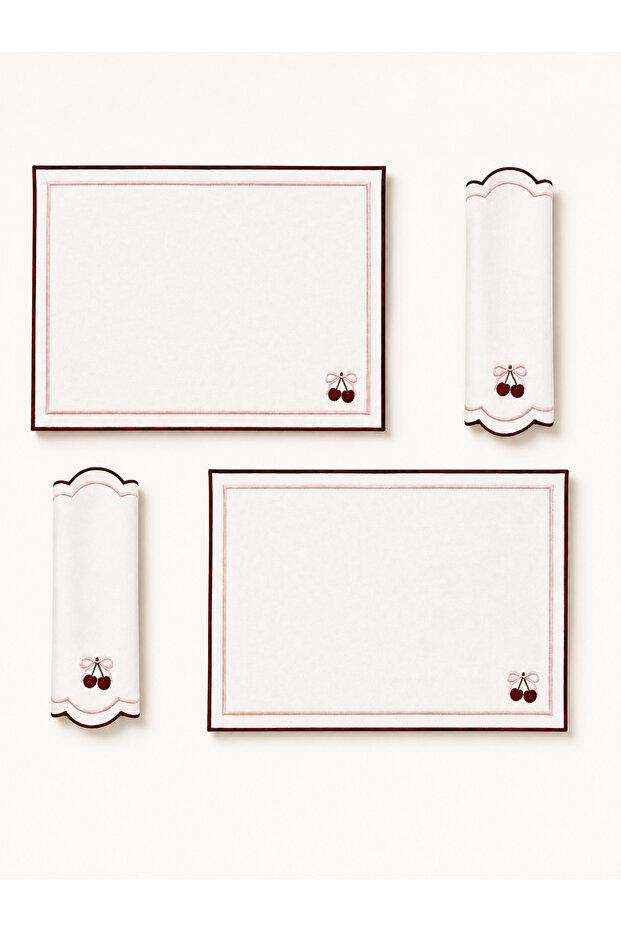 4 Piece Cherry Embroidered Tableware Set for 2 People (2 American Placemats 45X30 + 2 Presentation Napkins 30X30) | Cherry Season