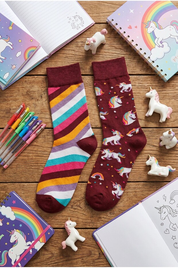 Unicorn Temalı Tasarım Soket Çorap - İsme Özel Şerit - Hediye Çanta