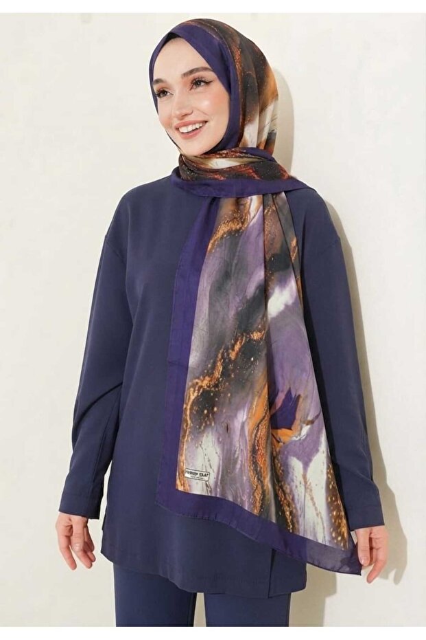 Patterned Bamboo Shawl Silver-Dark Blue