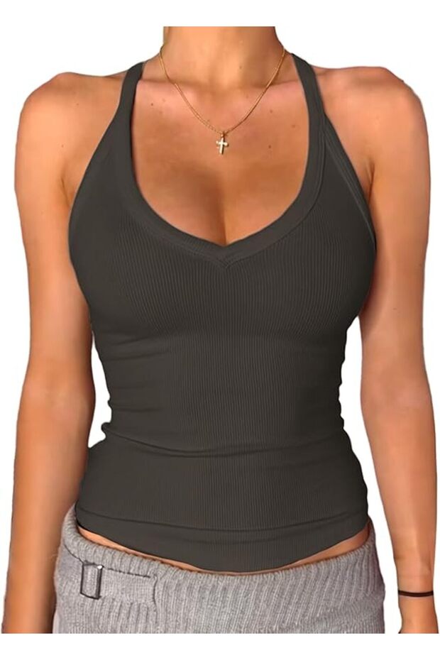 Danysu Women's V Neck Racerback Padded Ribbed Long Fitted Basic Cami Tops