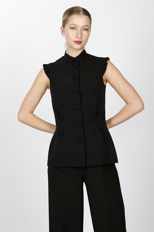 Haki̇m Collar Pleated Vest-Black - 1537100