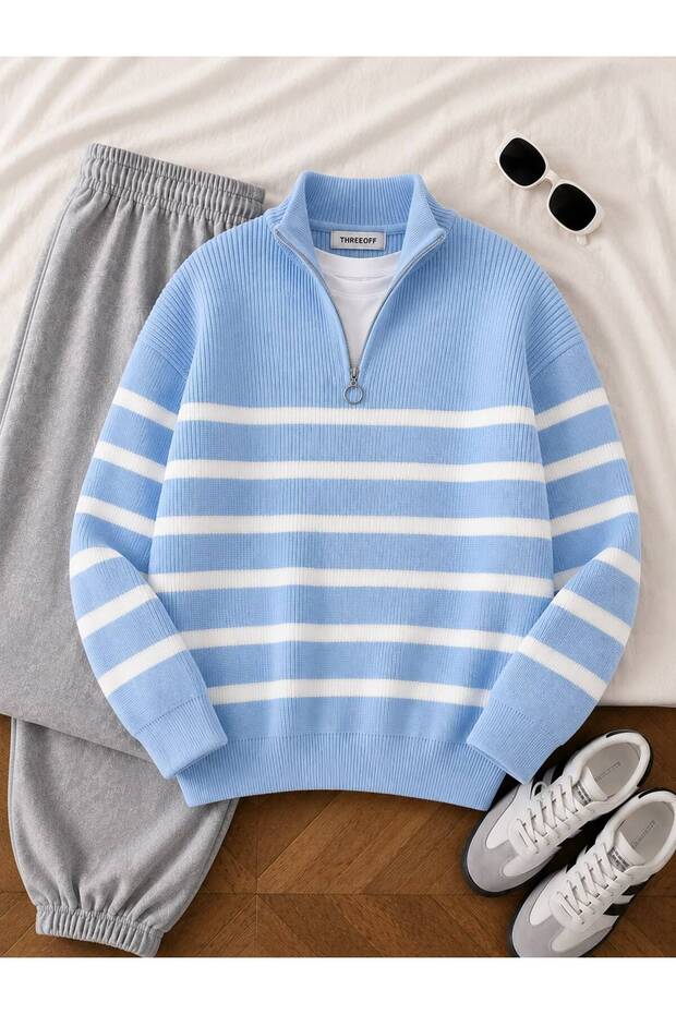 Men's 3-Pack Striped Knitwear Sweater Half Zipper Stand Collar Oversize Long Sleeve Winter Sweater