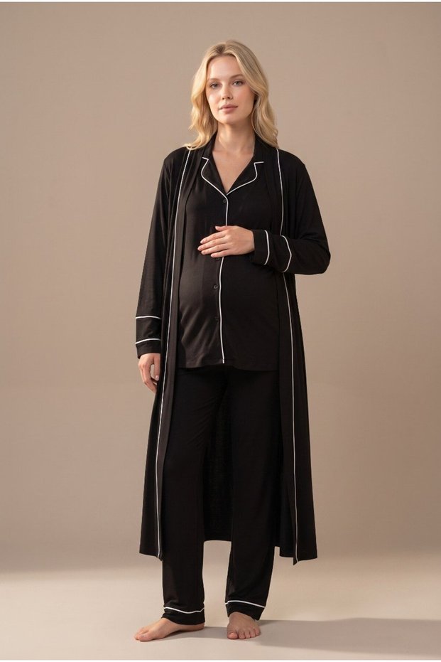 Women's Black Piping Buttoned Maternity Pajama Set with Dressing Gown