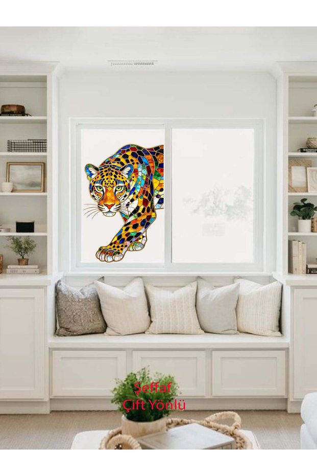 Double-Sided, Stained Glass Patterned, Leopard Image, Glass, Wall Sticker, 49 X 72cm