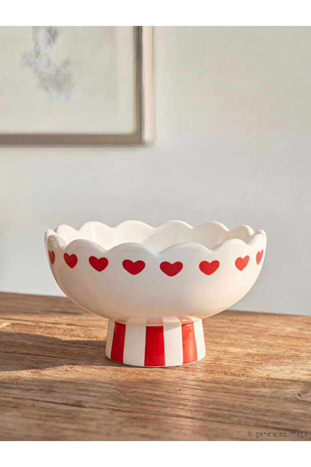 Sparkling Choices Heart Embroidered Striped Footed Ceramic Bowl from Shining Store