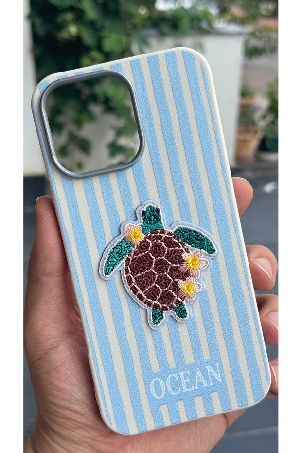 iPhone 15 Pro Max Compatible - Turtle Embroidery, Striped Silicone Soft Touch Soft Phone Case