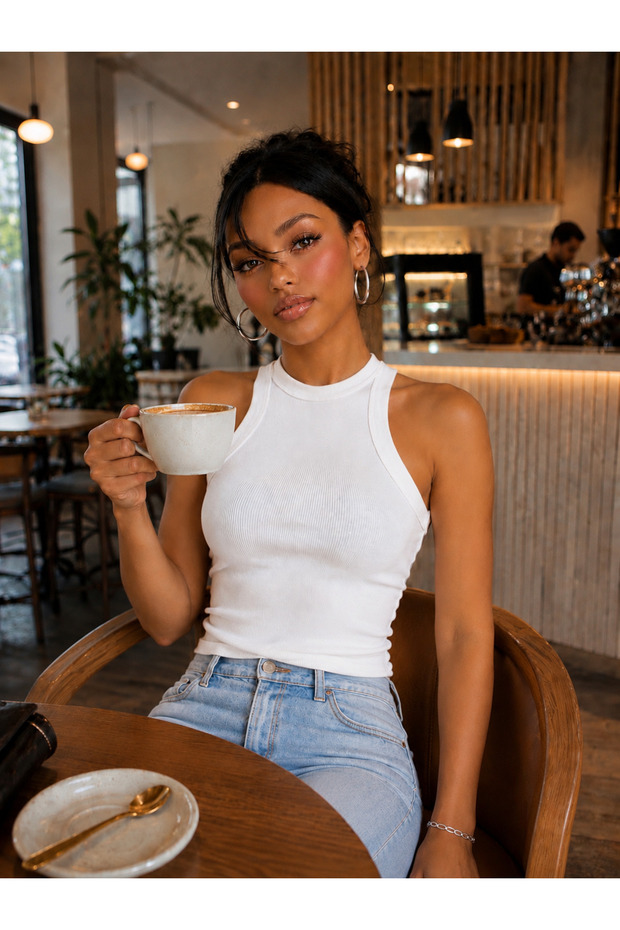 Women's Off-The-Shoulder Sleeveless Body-Hugging Halter Neck Premium Cotton Camisole Tank Top Blouse Cg1987