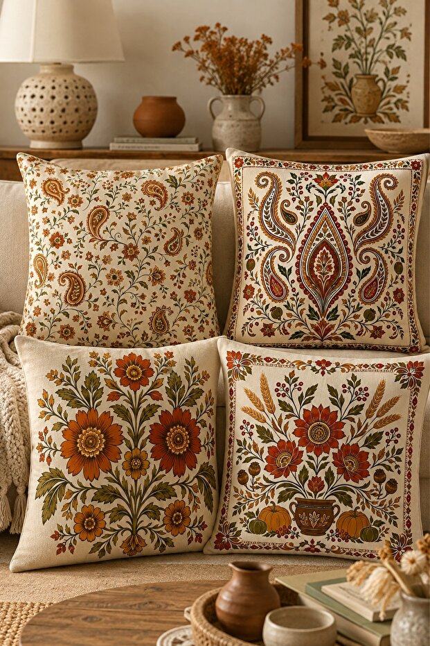 Ikat Pattern Flowers Patterned 4-Piece Throw Pillow Cover Set