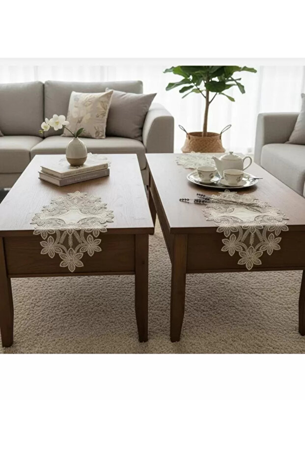 Selena Model Cream Dowry Set 5 Piece Lace Linen Runner Tablecloth Set
