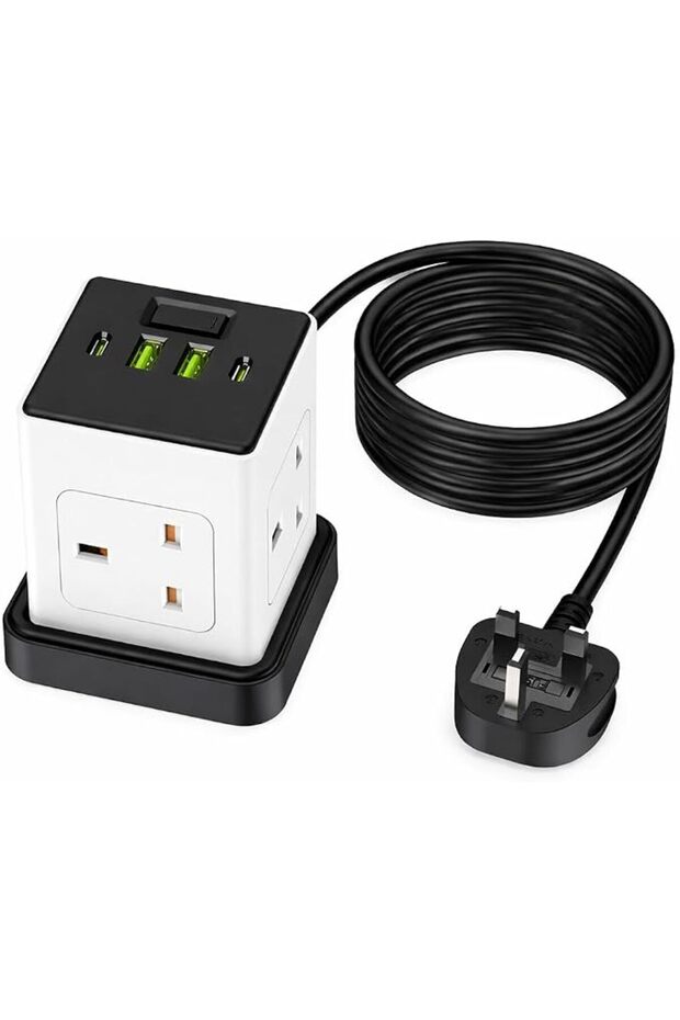 مقبس تمديد كهربائي بـ 4 مخارج مع منفذين USB-A ومنفذين USB-C، شريط طاقة مكعب الشكل مع مفتاح تشغيل، قابس بريطاني | مشترك كهربائي