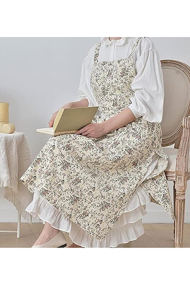 مريلة مطبخ قطنية مزخرفة بالزهور مقاومة للماء، مريلة طهي وخبز وحديقة قابلة للتعديل مع جيب، فرو