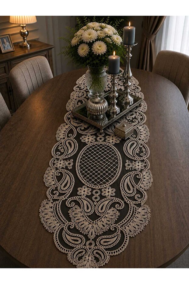 Luna Black Tulle Runner with Embroidery 105 Cmx35 cm