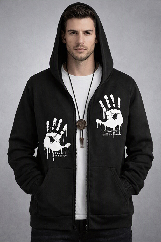 Handprint Design Printed Hooded Plain Black Zippered Cardigan