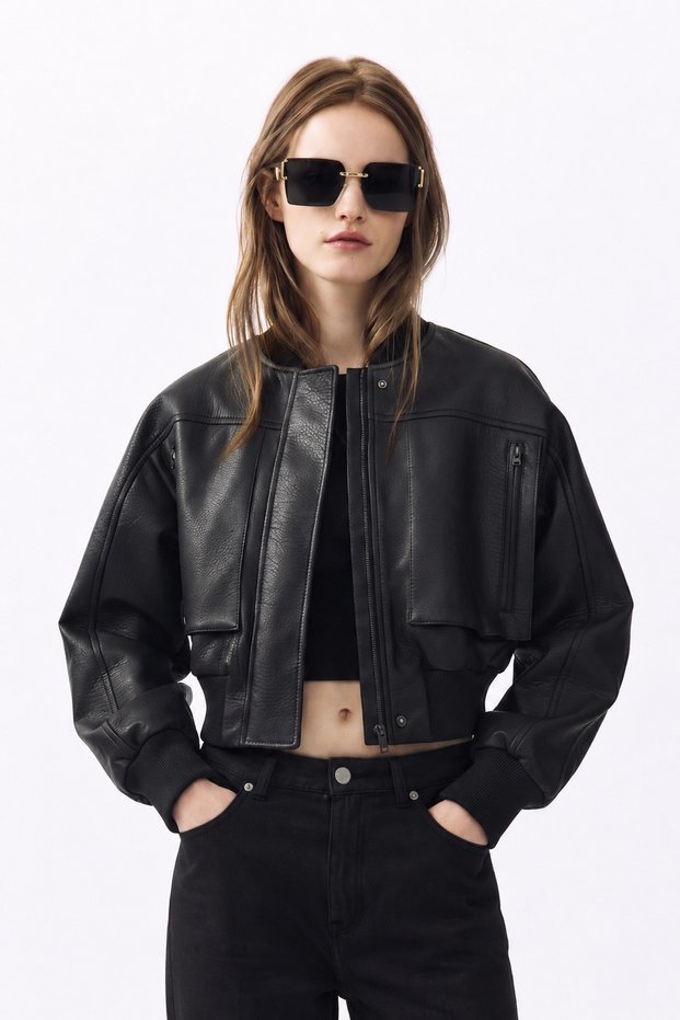Bomber Coated Pilot Zippered Double-Pocket Ribbed Black Leather Jacket