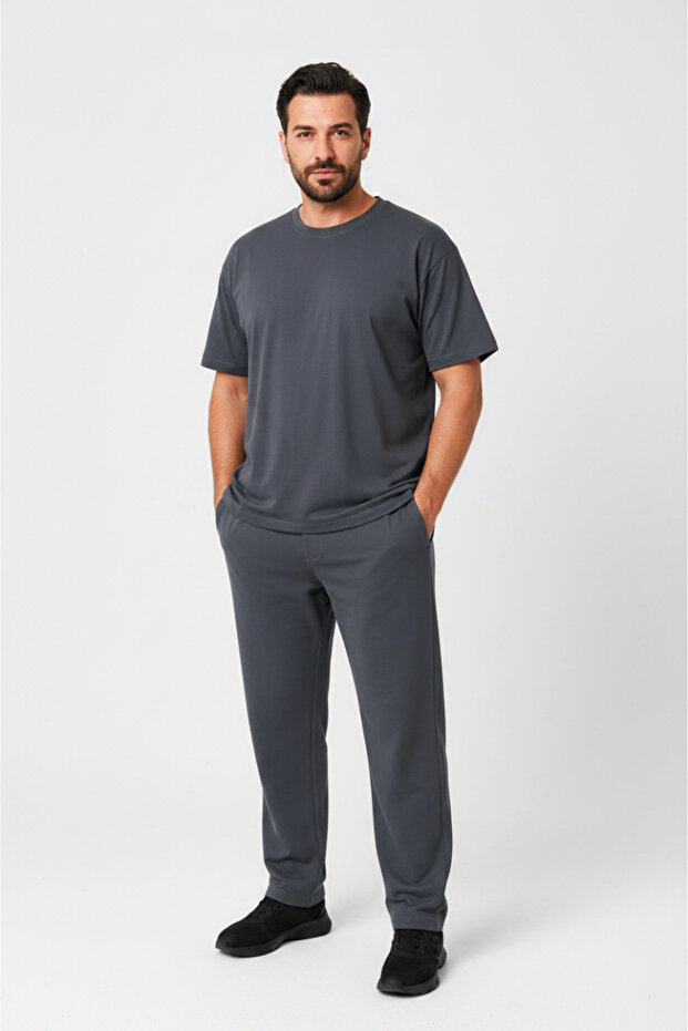 Men's Navy Blue Short Sleeve Oversize Combed Cotton Tracksuit Set