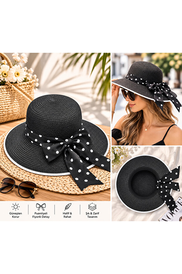Polka Dot Bow Detailed Straw Women's Hat