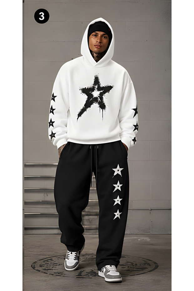 Oversized Hooded Sweatshirt Set - Face and All-Over Surface Print, Comfortable Lace-Up Hoodie