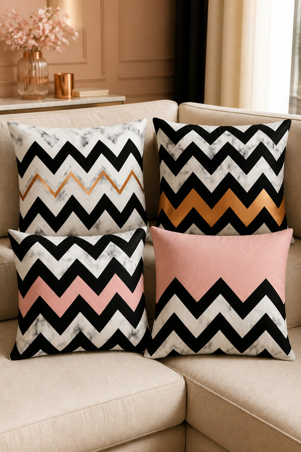 Marble and Zigzag Patterned - Black Powder Rose Gold Modern Living Room Throw Pillow (Double Sided)