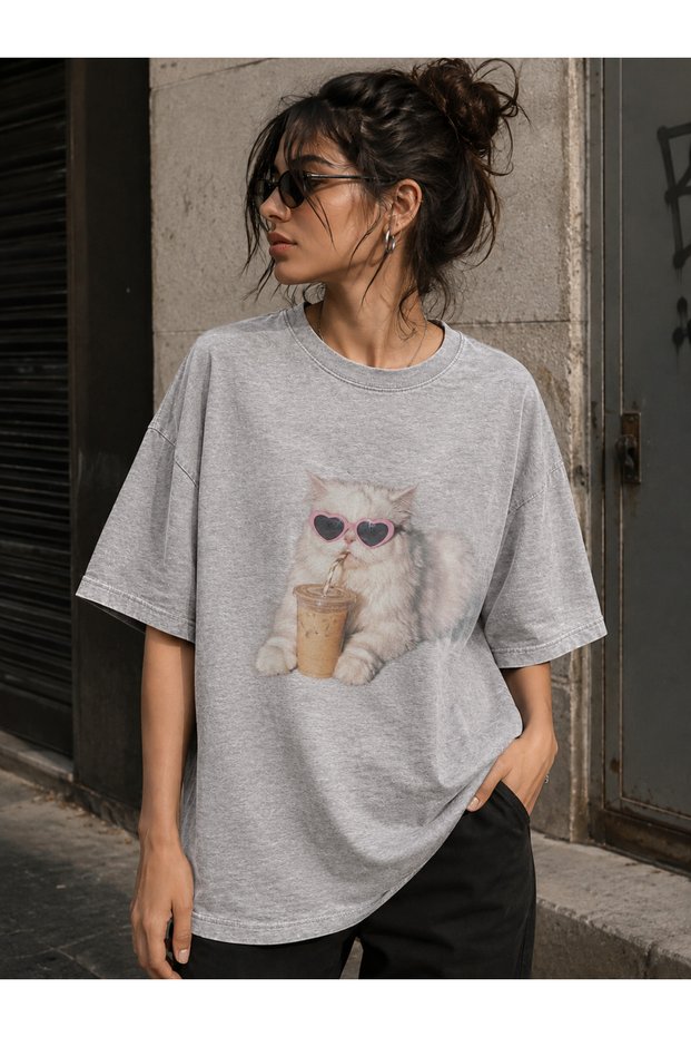 Women's Oversize T-Shirt Cat Printed Coffee Drinking Cat Pattern Crew Neck Short Sleeve Casual Street Style T-Shirt