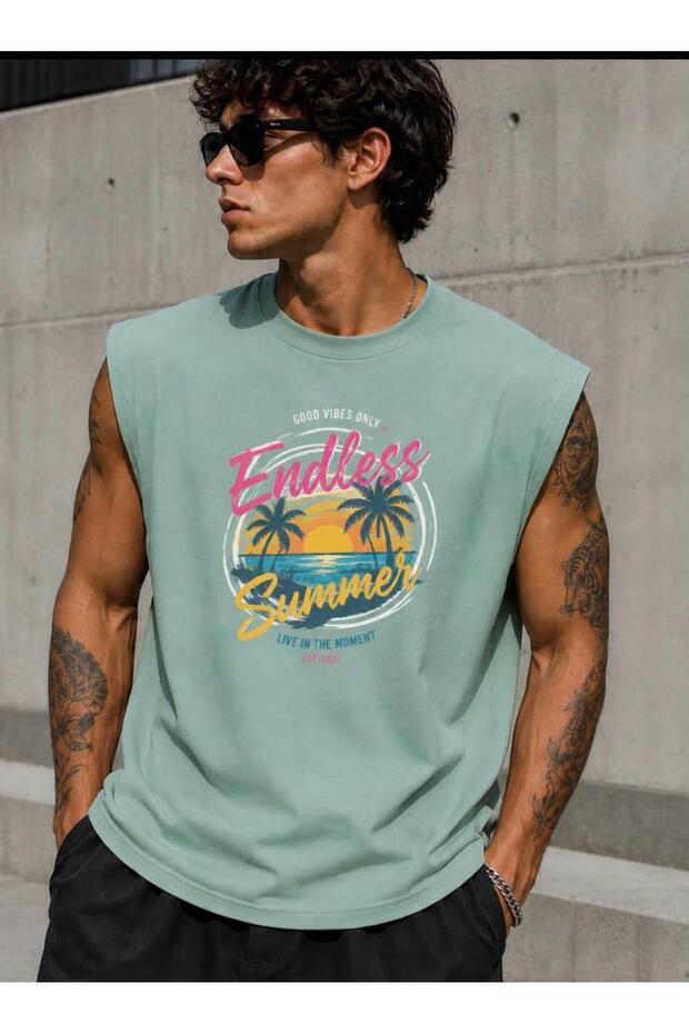 Mint Green Printed Men's Cotton Crew Neck Training Athlete Tank Top Sleeveless T-Shirt