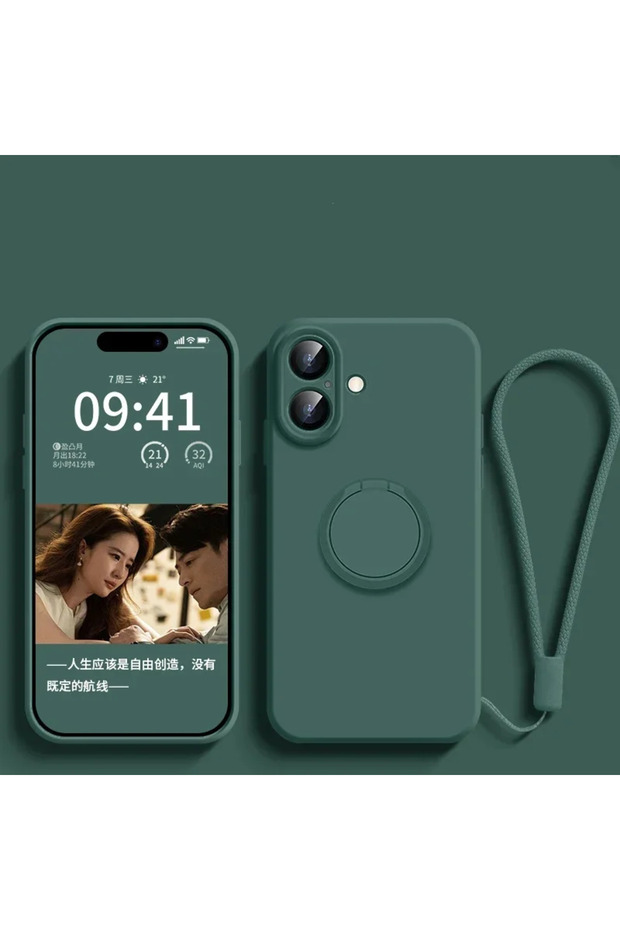 iPhone 14 Pro Max Dark Green Liquid Silicone Ring Stand Magnetic Case for iPhone 17 Air 16E 15 14 13