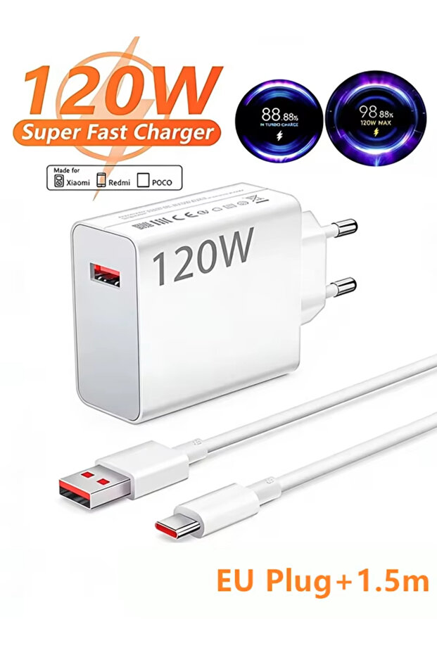 EU Plug - 1.5m Cable 6A 120W EU Fast USB Wall Charger For Xiaomi 11 12 13 14 15 Ultra Redmi Note 11T