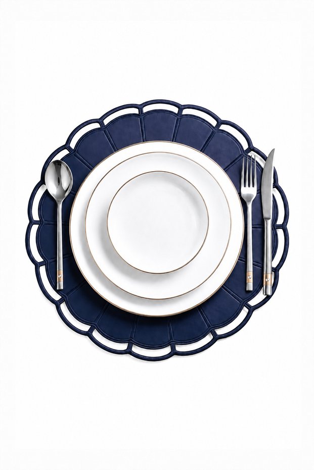 Embroidered Leather American Service Set of 2 Double-Sided Round Placemats 40X40 cm Casa Navy Blue