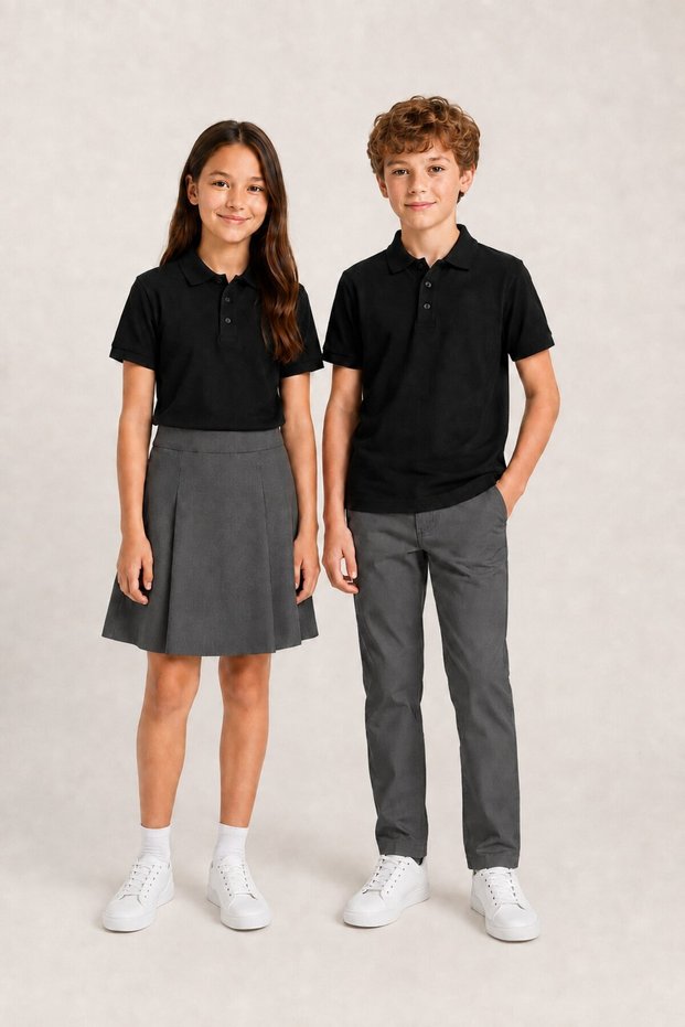 Girls & Boys Unisex Black 100% Cotton Polo Collar Short Sleeve 2-Piece T-Shirt
