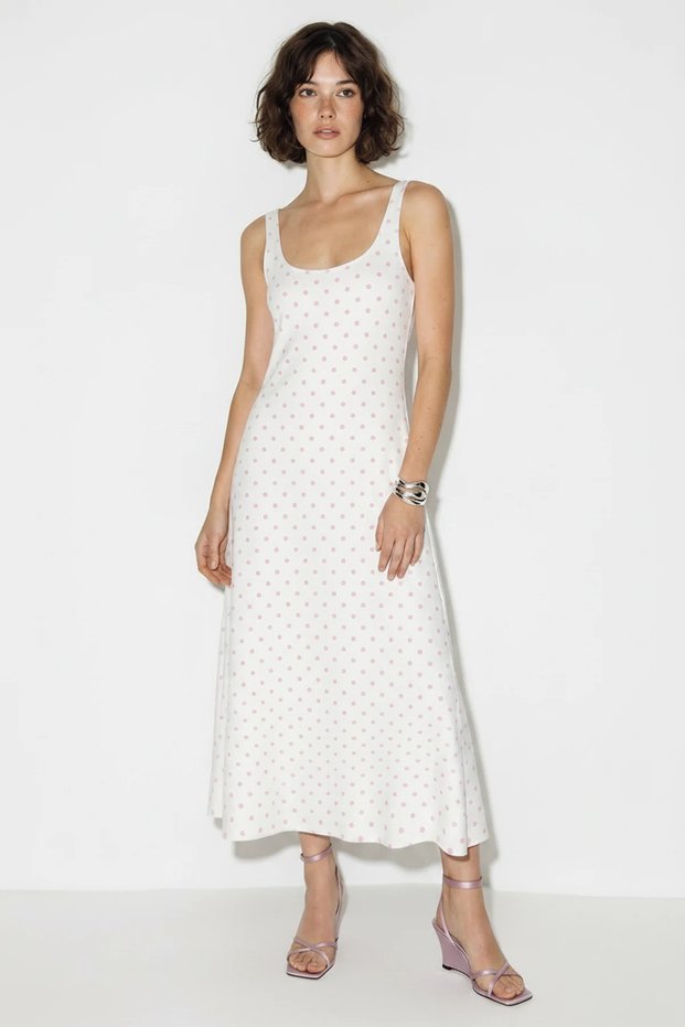 Women's Polka Dot Viscose Midi Dress with Back Tie Detail White Pink