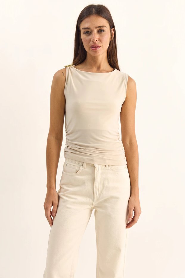 Women's Beige Blouse with Metal Accessories and Draped Detail at the Waist