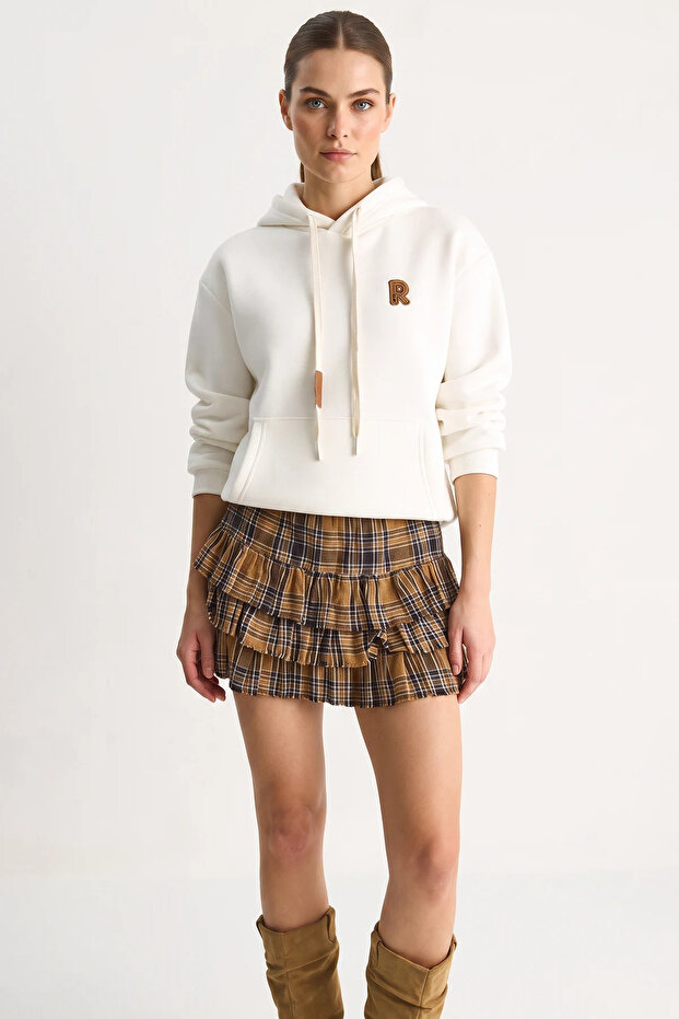 Women's Embroidered Kangaroo Pocket Hooded Casual White Sweatshirt