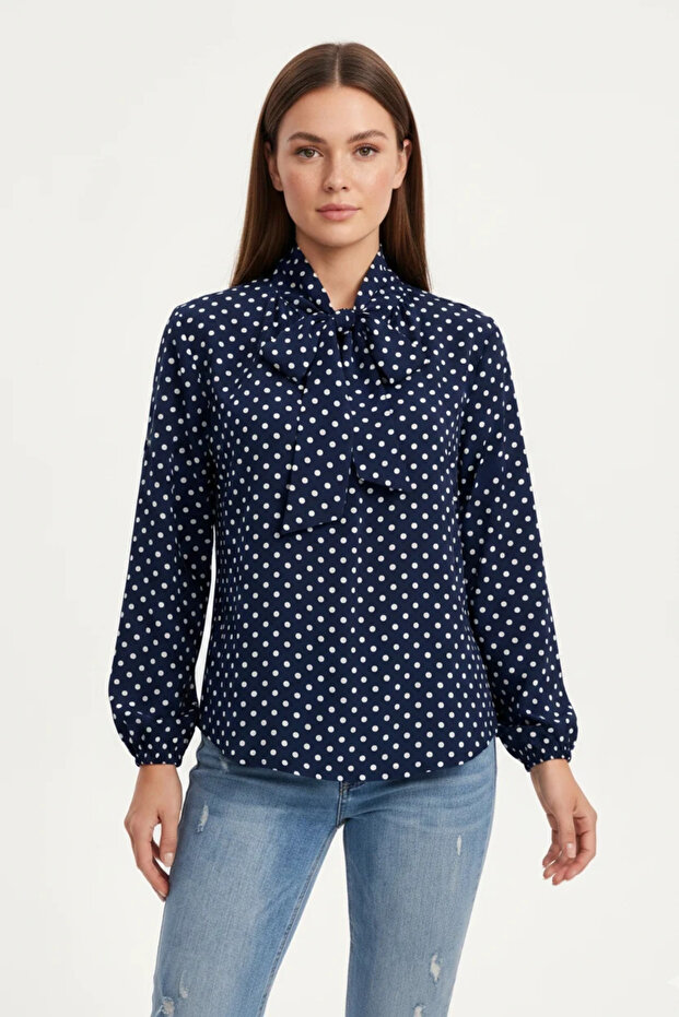 Women's Polka Dot Scarf Collar Navy Blue Blouse