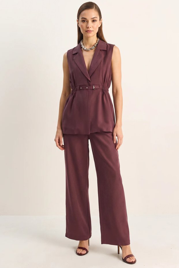 Women's Elastic Waist Buckle Detailed Lined Vest Double Pleated Loose Trousers Modal Plum Suit