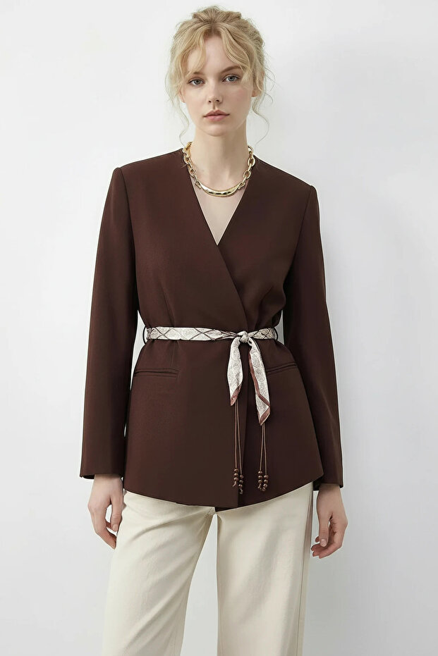 Women's Double-Breasted Collar Blazer with Scarf Belt Brown Jacket
