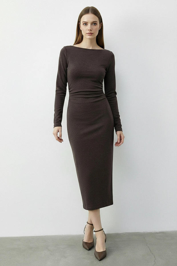 Women's Boat Neck Drawstring Detailed Long Sleeve Midi Dress De Coffee