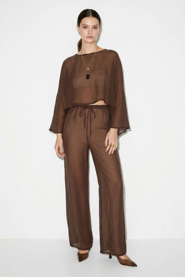 Women's Cape Blouse with Elastic Waist and Tie, Loose Trousers, Bitter Brown Set