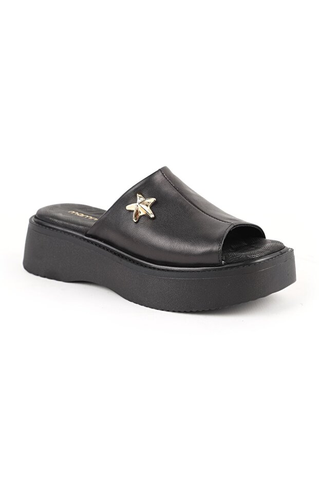 Women's Slippers Daily Genuine Leather Single Strap Metal Star Accessory Platform Padded Sole 26Y-1770