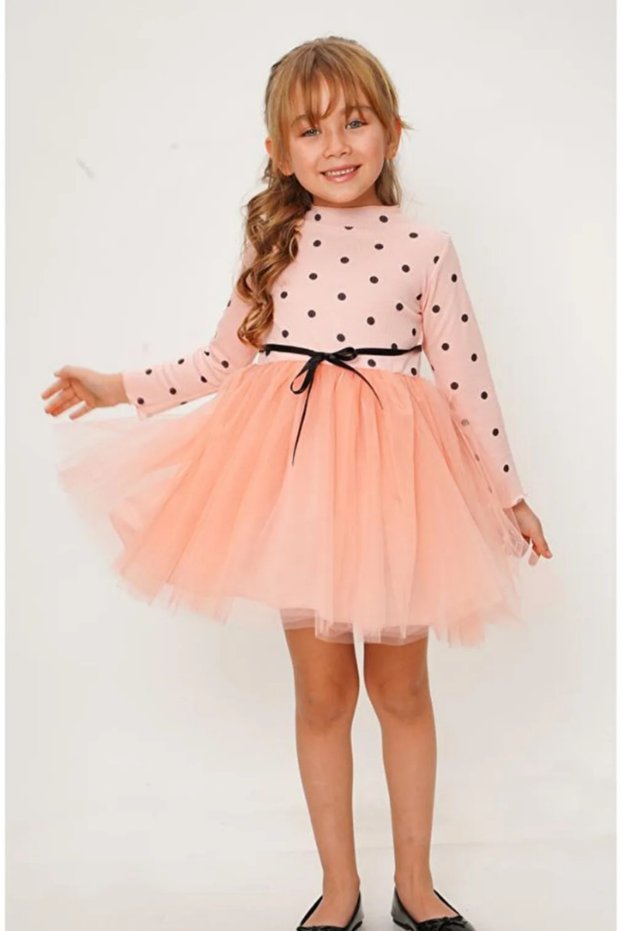 Girl's Long Sleeve Polka Dot Tulle Skirt Dress Salmon