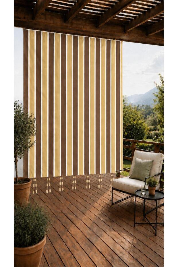 Brown Cream Top Cornice Lace-Up Balcony Curtain, Outdoor Curtain for Privacy Protection, Sun and Wind Resistant